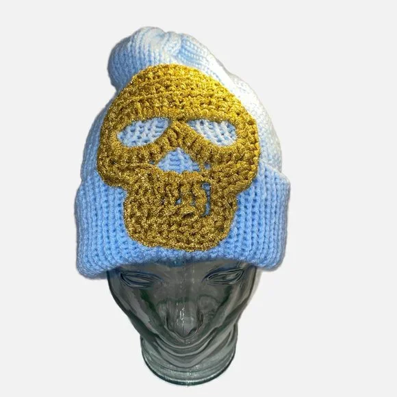 Plasma Beamz Hand Knitted Gold Skull Beanie - Picture 1 of 8